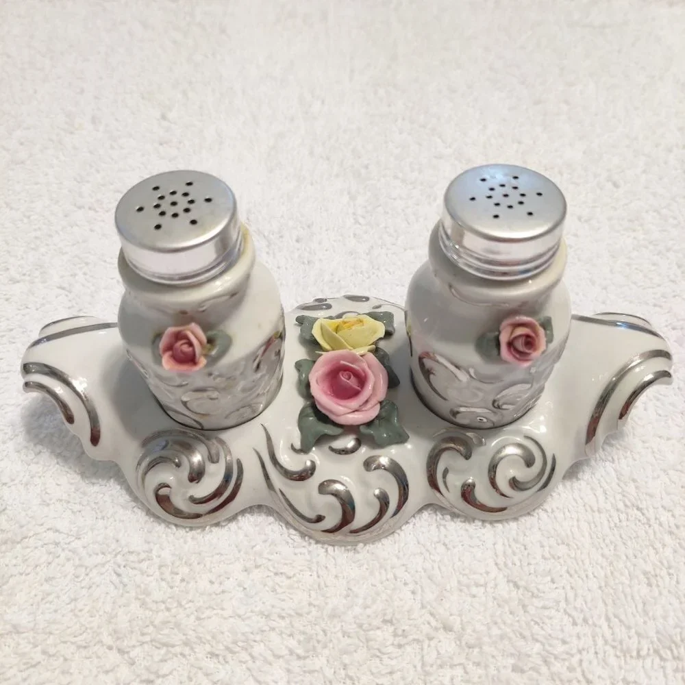 Vintage Dresden Floral Heart Salt and Pepper Set
